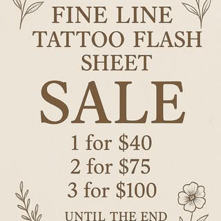 ✨ Fine line lovers, this one’s for you! ✨ 
Our Flash Sheet Sale is here 🖤
▫️ 1 tattoo for $40
▫️ 2 