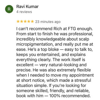 ⭐️⭐️⭐️⭐️⭐️
Another 5 Star review from a very happy client.
Scalp Micropigmentation (SMP) can give yo
