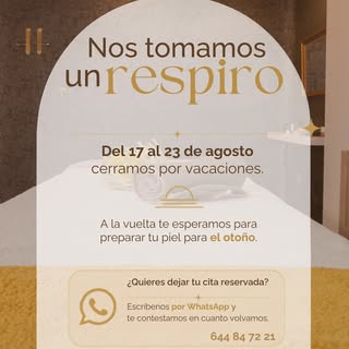 🍂✨ Nos tomamos un pequeño respiro...

Del 17 al 23 de agosto nuestra clínica permanecerá cerrada po