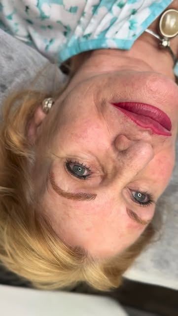 Feathered brows and lip tattoo correction. She came in with uneven lip liner with harsh lines. We de