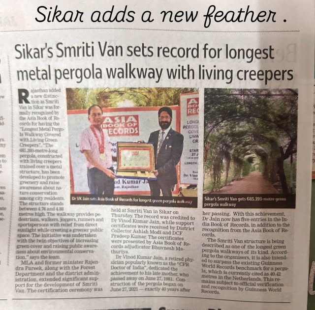 Dr. V.K. Jain Adds a New Feather to Sikar’s Crown with the World’s Longest Pergola at Smriti Van.#Ti