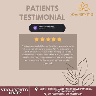 ✨ आपकी खूबसूरती, हमारा भरोसा!
Vidya Aesthetic Centre में हमारे संतुष्ट क्लाइंट्स की मुस्कान ही हमारी
