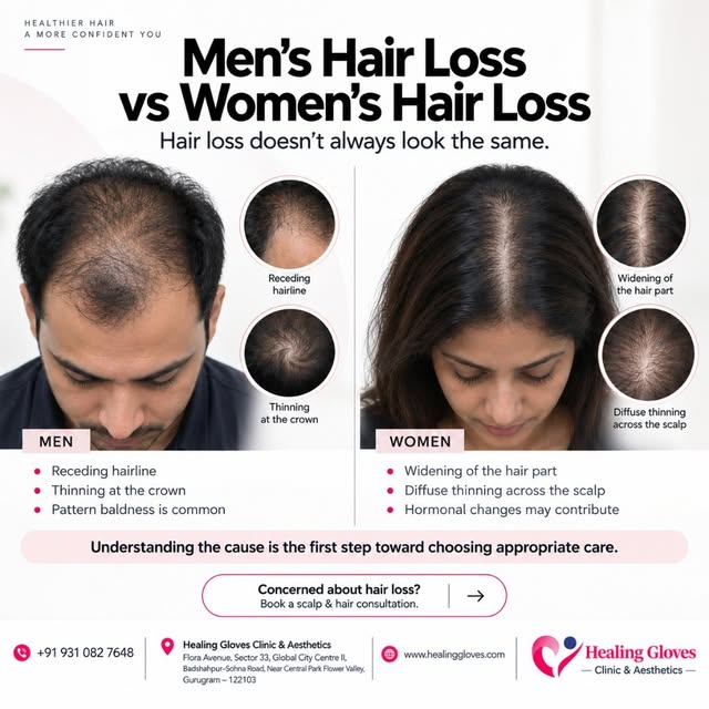 👨‍🦱 Men’s Hair Loss vs Women’s Hair Loss 👩‍🦱
Hair loss doesn’t always look the same.

Noticing m