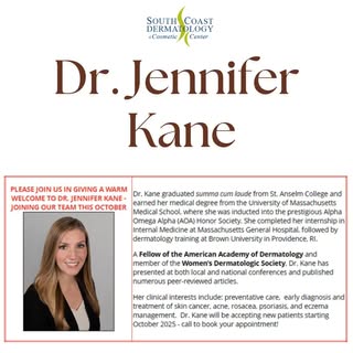 ⭐Dr. Jennifer Kane is joining South Coast Dermatology this October!

⭐ Dr. Kane  graduated summa cum