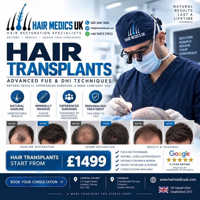 HAIR TRANSPLANT U.K. CLINICS 🇬🇧 

At Hair Medics UK, we specialise in advanced FUE & DHI hair tran