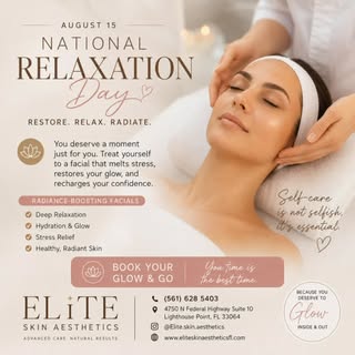 National Relaxation Day ✨

August 15th is your reminder to pause, breathe, and take care of YOU. 🤍
