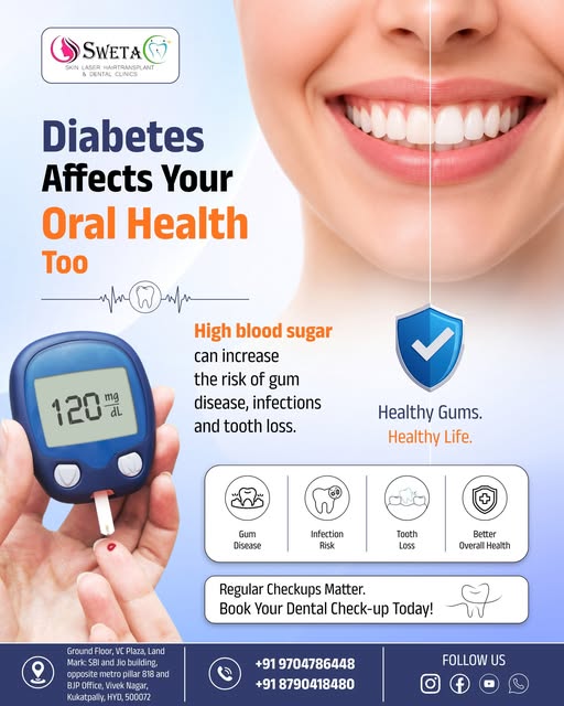 Diabetes affects your oral health too. 🩺🦷

High blood sugar can increase the risk of:
🔹 Gum Disea