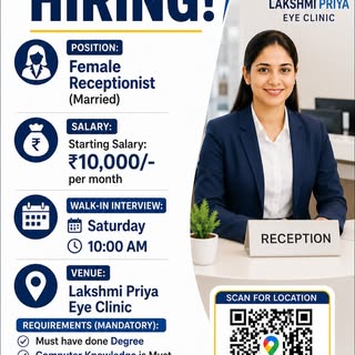 Wanted clinic receptionist at Lakshmi Priya eye and Retina clinic Ballari. Contact 8277220290
#balla