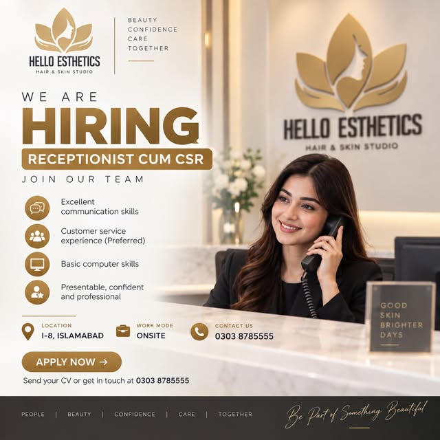 We’re Hiring at Hello Esthetics – Hair & Skin Studio! ✨

We’re looking for a Receptionist cum CSR to