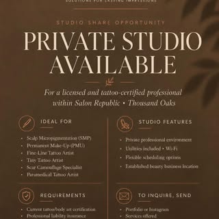 Are you a licensed, tattoo-certified artist looking for a private studio in Thousand Oaks?

A profes