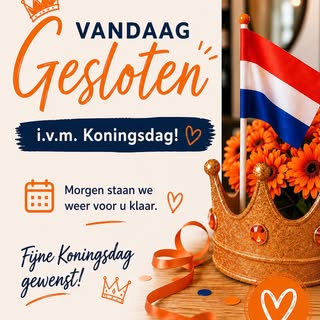 🎉 Vandaag gesloten i.v.m. Koningsdag! 🇳🇱
Morgen staan we weer met alle plezier voor u klaar. ✂️✨
