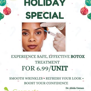 BOTOX HOLIDAY SPECIAL 🎁

✨ HOLIDAY SPECIAL ✨
Get ready to glow this festive season!
Experience safe