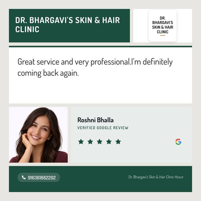 Roshni Bhalla's glowing review for Dr. Bhargavi's Skin & Hair Clinic in Nehru Nagar! She loved her e