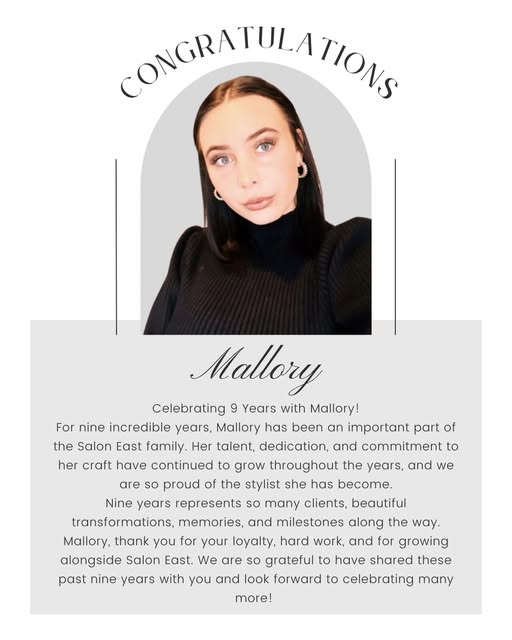 9 years of Mallory at Salon East! 🥂✨

Today we’re celebrating an incredible milestone and someone w