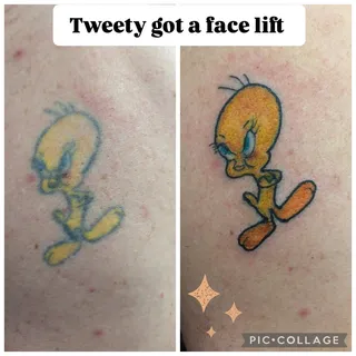 So Tweety Bird got a face lift 😀. My friend got this tattoo after losing a bet , over 20 yrs later 