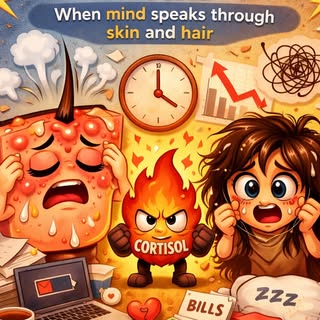 The mind and skin share the same biology.
Stress, anxiety, and poor sleep raise cortisol and inflamm