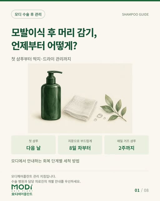 모발이식 후 머리 감기,
언제부터 어떻게 해야 할까요? 🌿

모디헤어플란트에서는 수술 다음 날 첫 샴푸를 하도록 안내합니다. 보통 병원에 내원해 간호사의 도움을 받고, 집에서 이