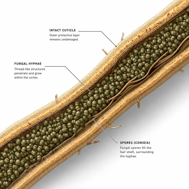 Certain fungi known as dermatophytes are able to invade the hair shaft and cause scalp infections, m