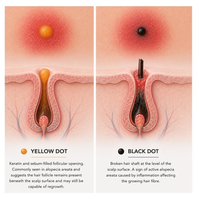 Black dots and yellow dots in alopecia areata
When examining the scalp under magnification—a techniq
