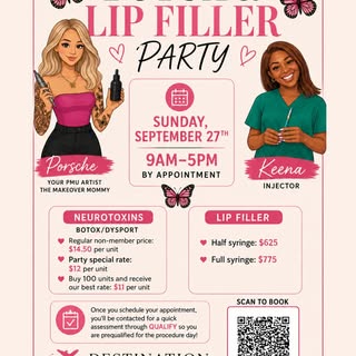 💗 You’re invited to our Botox & Lip Filler Party!

To book your appointment:

1. Click the booking 