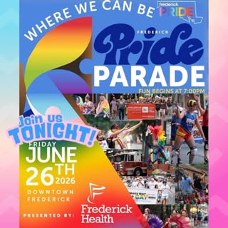 Join us downtown *tonight* for the @frederickmdpride PARADE!

The fun begins at 7:00 pm. 🌈
.
.
.
.
