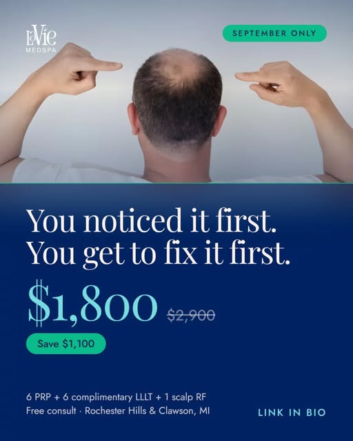 ✨This September only ✨
📣Labor's Day offers: 
6 PRP Hair Treatments + a free bonus Scalp RF Micronee