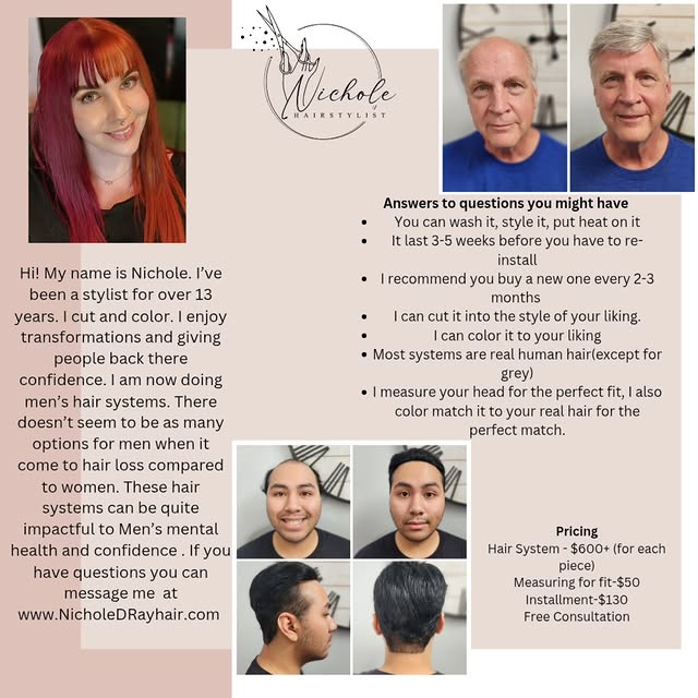 Here is some information about hair systems. Message me if you have more questions or if you want to