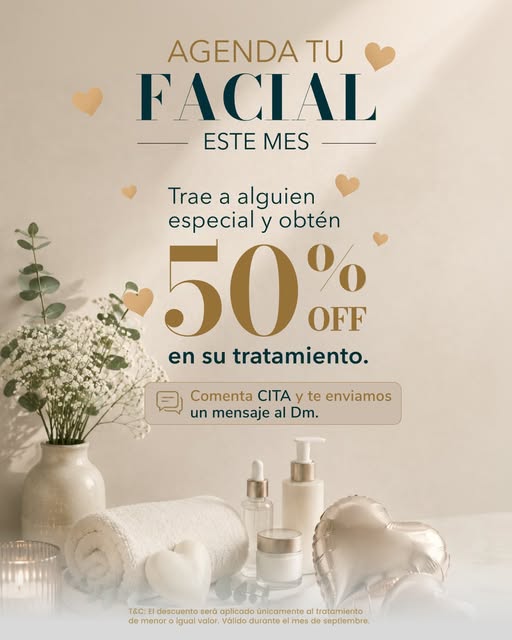 50% OFF para tu persona especial 💚 

Agenda tu tratamiento de limpieza facial este mes y lleva a tu