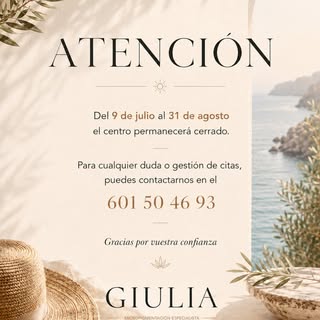 📢 Atención, clientas Giulia

Os informamos de que nuestro centro permanecerá cerrado del 9 de julio