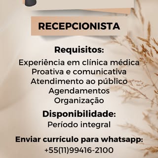 📢 Oportunidade de Emprego

✅ A Clínica Charles Yamaguchi está contratando recepcionista com experiê