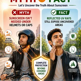 ❌ *Myth:* Sunscreen isn’t needed under helmets or caps
✅ *Fact:* Reflected UV rays still expose unco