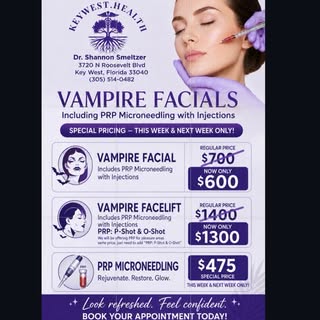 ‼️🔥For this week and next week only, we’re offering our best PRP specials yet!🔥‼️
🩸 Vampire Facia