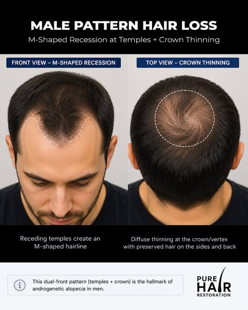 Male pattern hair loss often follows a predictable pattern, with recession at the temples and gradua