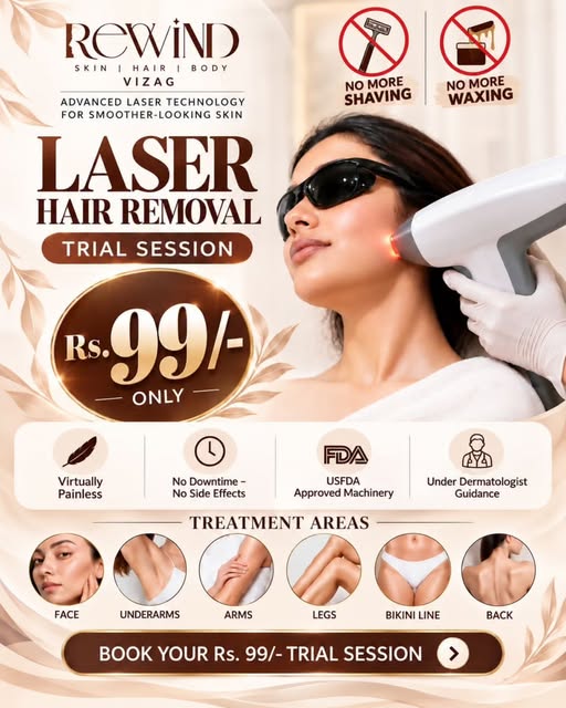 🔥 VIZAG’S BEST LASER HAIR REDUCTION OFFER! 🔥

✨ LASER HAIR REDUCTION TRIAL @ JUST ₹99/- ONLY! ✨

T