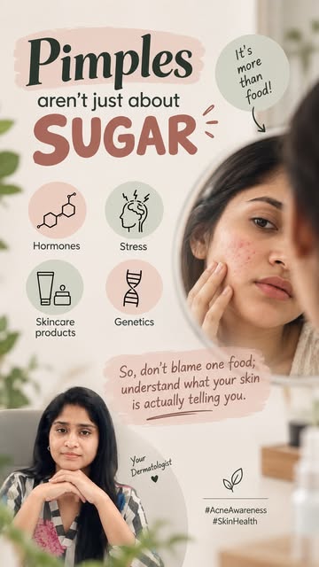 Pimples aren’t just about sugar — hormones, stress, skincare & genetics can play a role too.
So don’