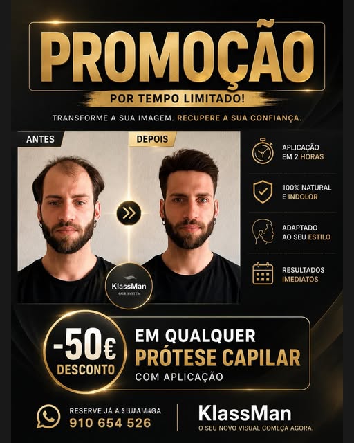Promoção KlassMan:
-50€ EM QUALQUER PRÓTESE CAPILAR!

Está a pensar renovar a sua prótese ou experim