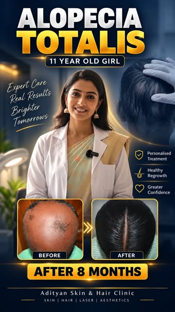 Almost complete scalp hair loss at just 11 years old.

This young girl came to Adityan Skin & Hair C