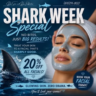 🩵🦈 It’s SHARK WEEK!!! 🦈🩵 Schedule your facial this week and receive 20% off! Call (878)295-8022 