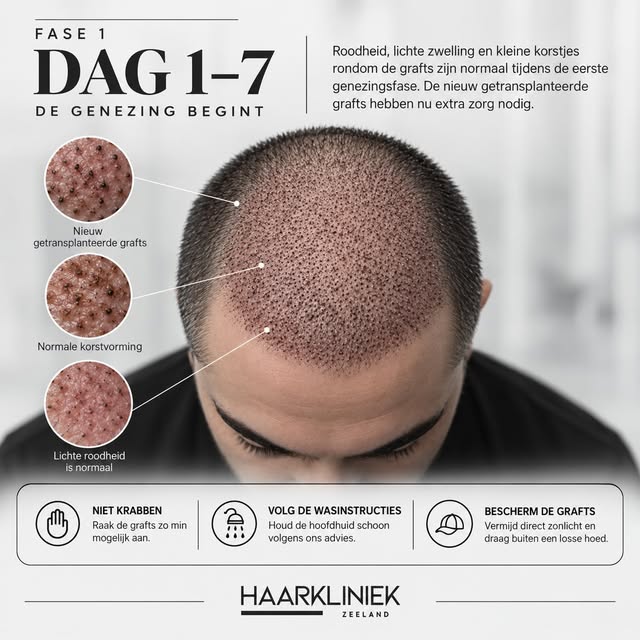 De herstelreis na een haartransplantatie verloopt in verschillende fases:

1️⃣ Dag 1–7: de genezing 