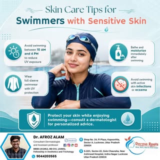 Swimming with sensitive skin requires careful protection. Avoid peak UV hours, wear full-sleeve UV s