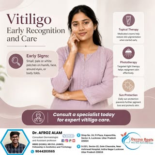Early signs of vitiligo include small, pale, or white patches on the hands, face, around the eyes, o