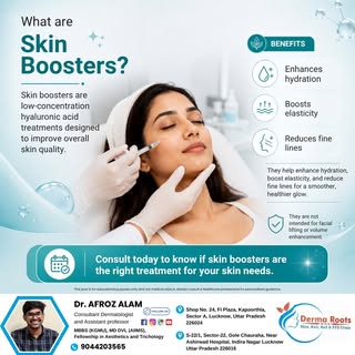 Skin boosters are low-concentration hyaluronic acid treatments that improve overall skin quality by 