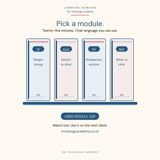 Pick a module.

Four short video modules for stylists: telogen timing, pattern vs shed, the postpart