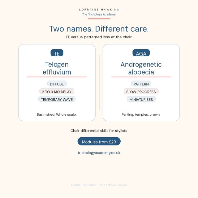 Two names. Different care.

Telogen effluvium is a diffuse, delayed shed that usually settles. Andro
