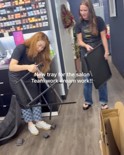 Who said hairstylists only know hair? 😂🔧
We build salon furniture too! Teamwork, laughing, and som