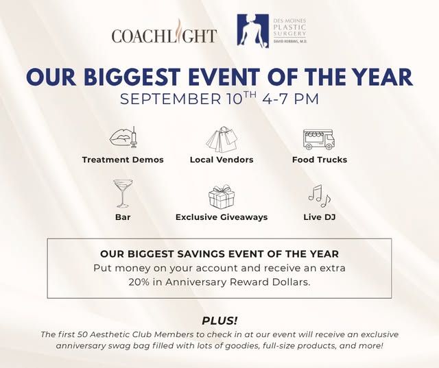 ✨ CHEERS TO 20 YEARS! ✨
Des Moines Plastic Surgery + Coachlight Clinic & Spa are celebrating 20 year