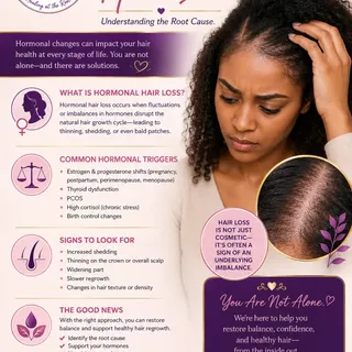 HORMONAL HAIR LOSS: Happens when shifts or imbalances in body chemical disrupt the normal hair growt