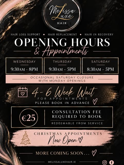 A little update for Melissa Luxe Hair 🤍

Appointment wait time is approximately 4–6 weeks & longer 