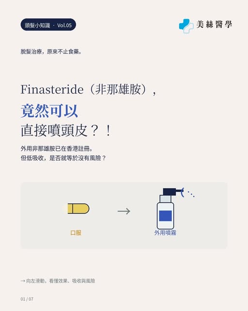 Topical Finasteride

Finasteride 竟然可以直接噴頭皮？！

第三期隨機對照研究顯示，使用外用 Finasteride 24 星期後，目標範圍髮數平均增加 20.2 根/