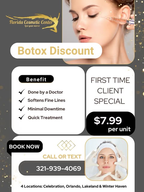 ✨ First-Time Botox Special ✨

New to Florida Cosmetic Center? Enjoy Botox for only $7.99 per unit!

